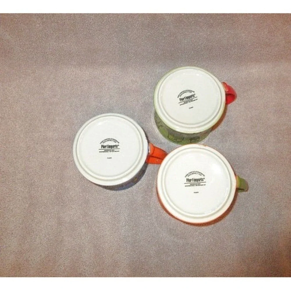 Pier 1 Imports Stacking Stoneware Mugs Set Of 3 Hand Painted Whimsical Bird Owl